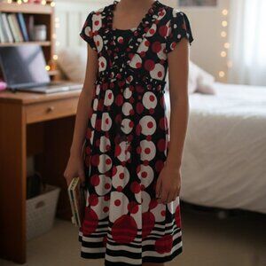 Black White Red Ruffle V Neck Retro Mod Empire Waist Polka Dot Girls S 12 Dress